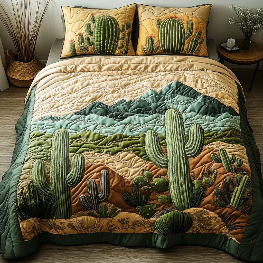 Golden Desert quilted 3-piece bedding set on a made bed with two matching pillow shams