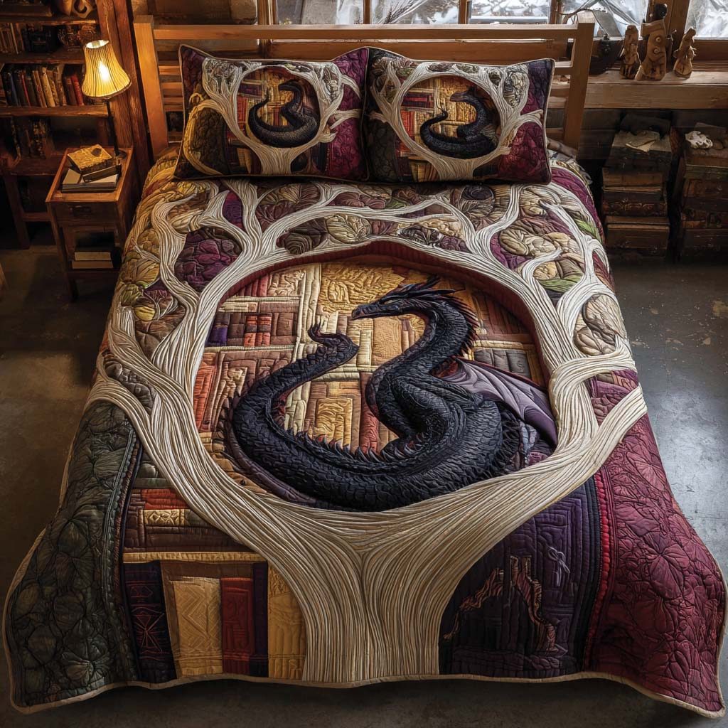 Golden Dragon Tome quilted 3-piece bedding set on a made bed with two matching pillow shams