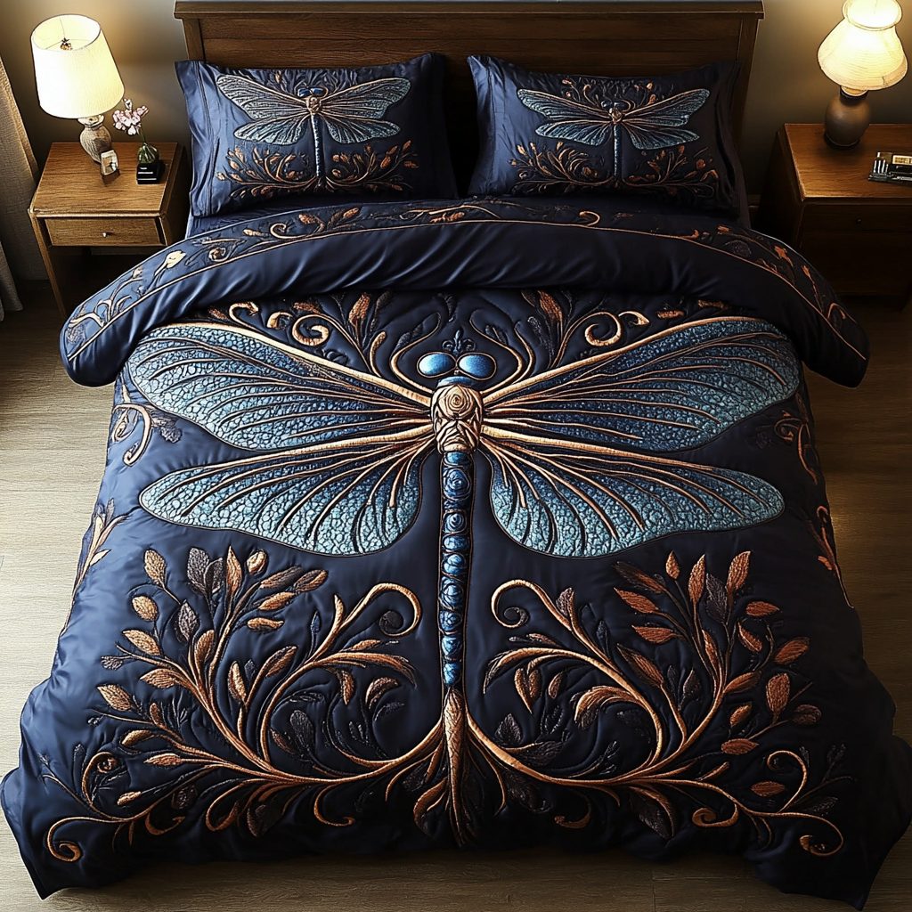 Golden Dragonfly quilted 3-piece bedding set on a made bed with two matching pillow shams