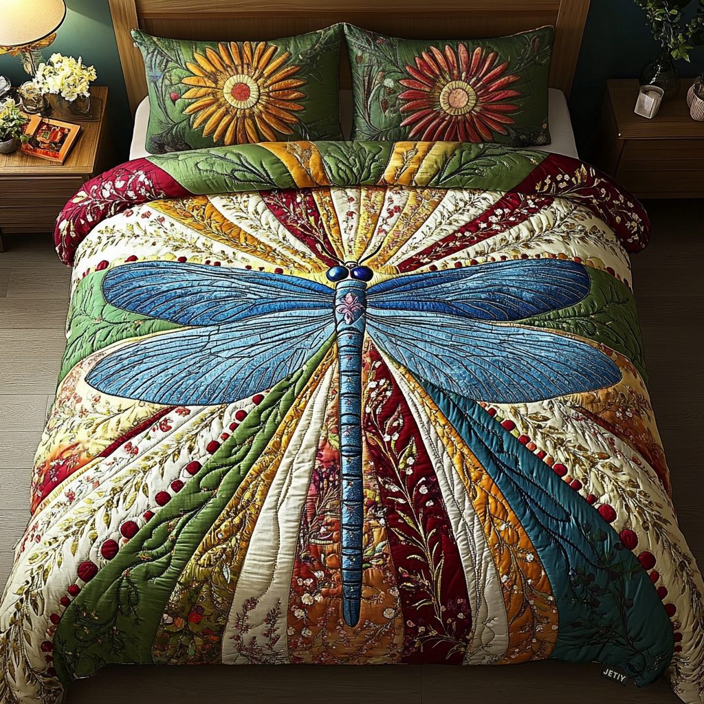 Golden Dragonfly quilted 3-piece bedding set on a made bed with two matching pillow shams
