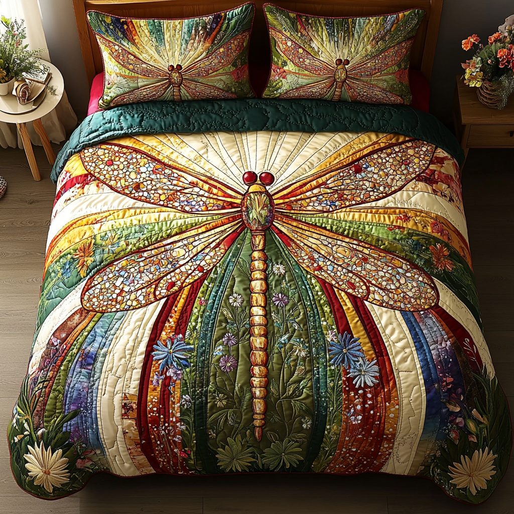 Golden Dragonfly quilted 3-piece bedding set on a made bed with two matching pillow shams