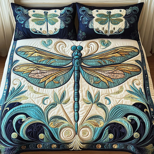 Golden Dragonfly quilted 3-piece bedding set on a made bed with two matching pillow shams