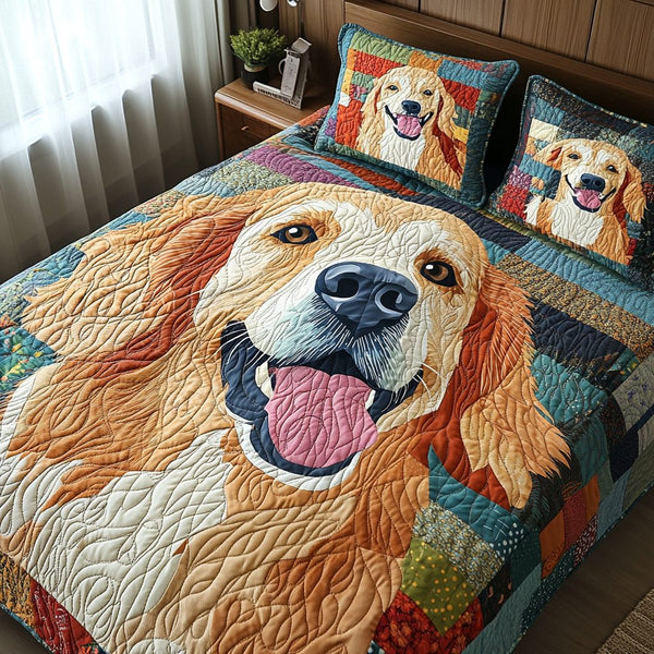 Golden Dreams quilted 3-piece bedding set on a made bed with two matching pillow shams