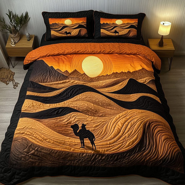 Golden Dunes quilted 3-piece bedding set on a made bed with two matching pillow shams