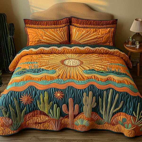 Golden Dunes quilted 3-piece bedding set on a made bed with two matching pillow shams