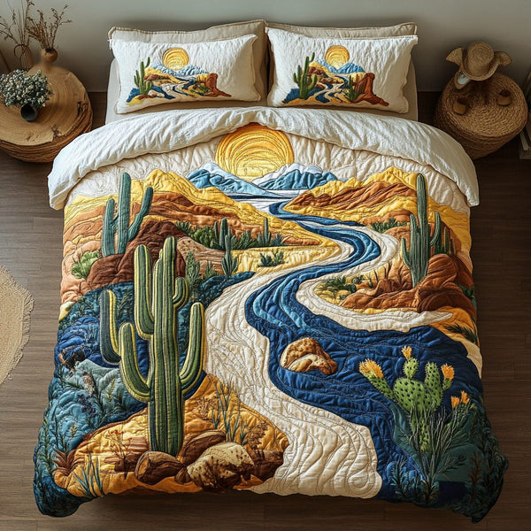 Golden Dunes quilted 3-piece bedding set on a made bed with two matching pillow shams