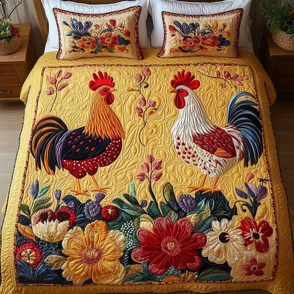 Golden Duo quilted 3-piece bedding set on a made bed with two matching pillow shams