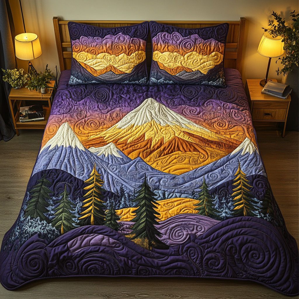 Golden Dusk quilted 3-piece bedding set on a made bed with two matching pillow shams