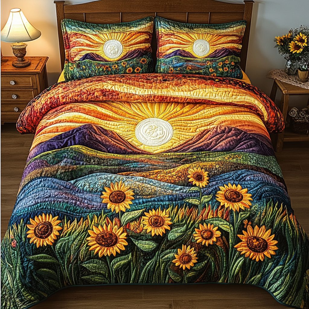 Golden Dusk quilted 3-piece bedding set on a made bed with two matching pillow shams