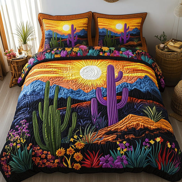 Golden Dusk quilted 3-piece bedding set on a made bed with two matching pillow shams