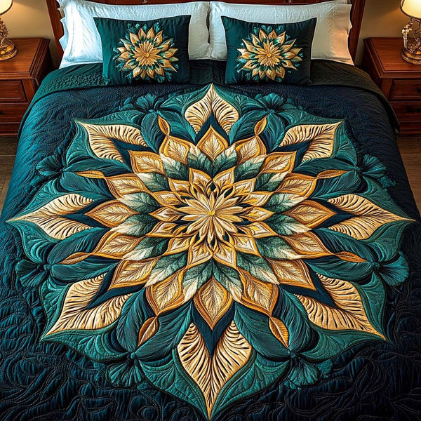 Golden Elegance quilted 3-piece bedding set on a made bed with two matching pillow shams