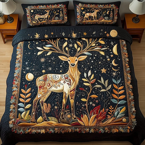 Golden Elegance quilted 3-piece bedding set on a made bed with two matching pillow shams