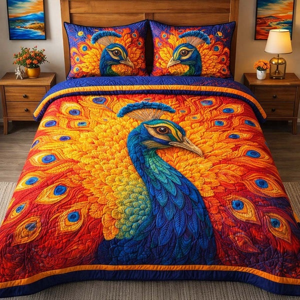 Golden Ember Peacock quilted 3-piece bedding set on a made bed with two matching pillow shams