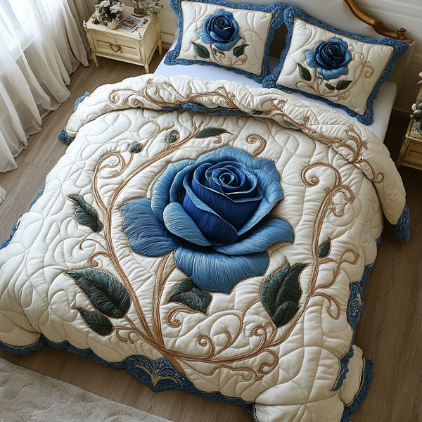 Golden Embrace quilted 3-piece bedding set on a made bed with two matching pillow shams