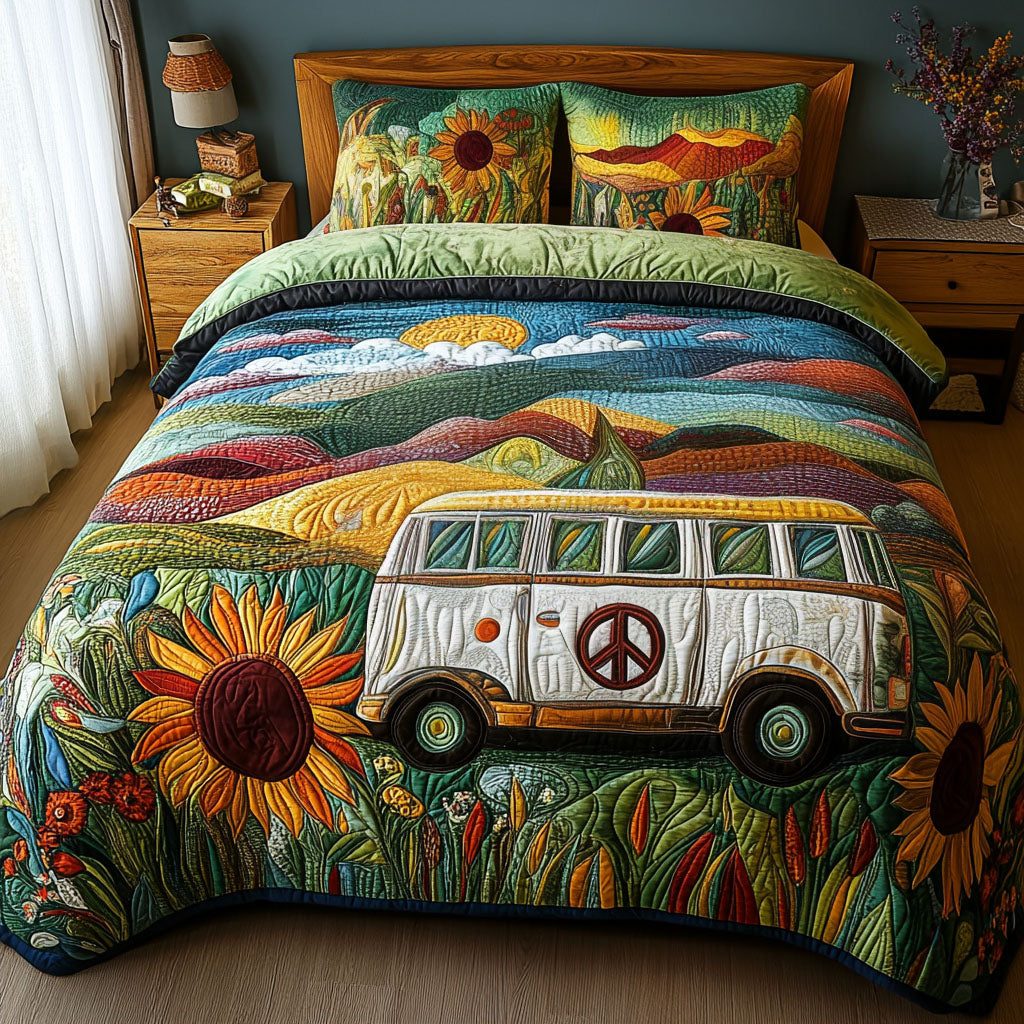 Golden Era Van quilted 3-piece bedding set on a made bed with two matching pillow shams