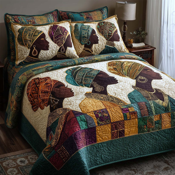 Golden Essence quilted 3-piece bedding set on a made bed with two matching pillow shams
