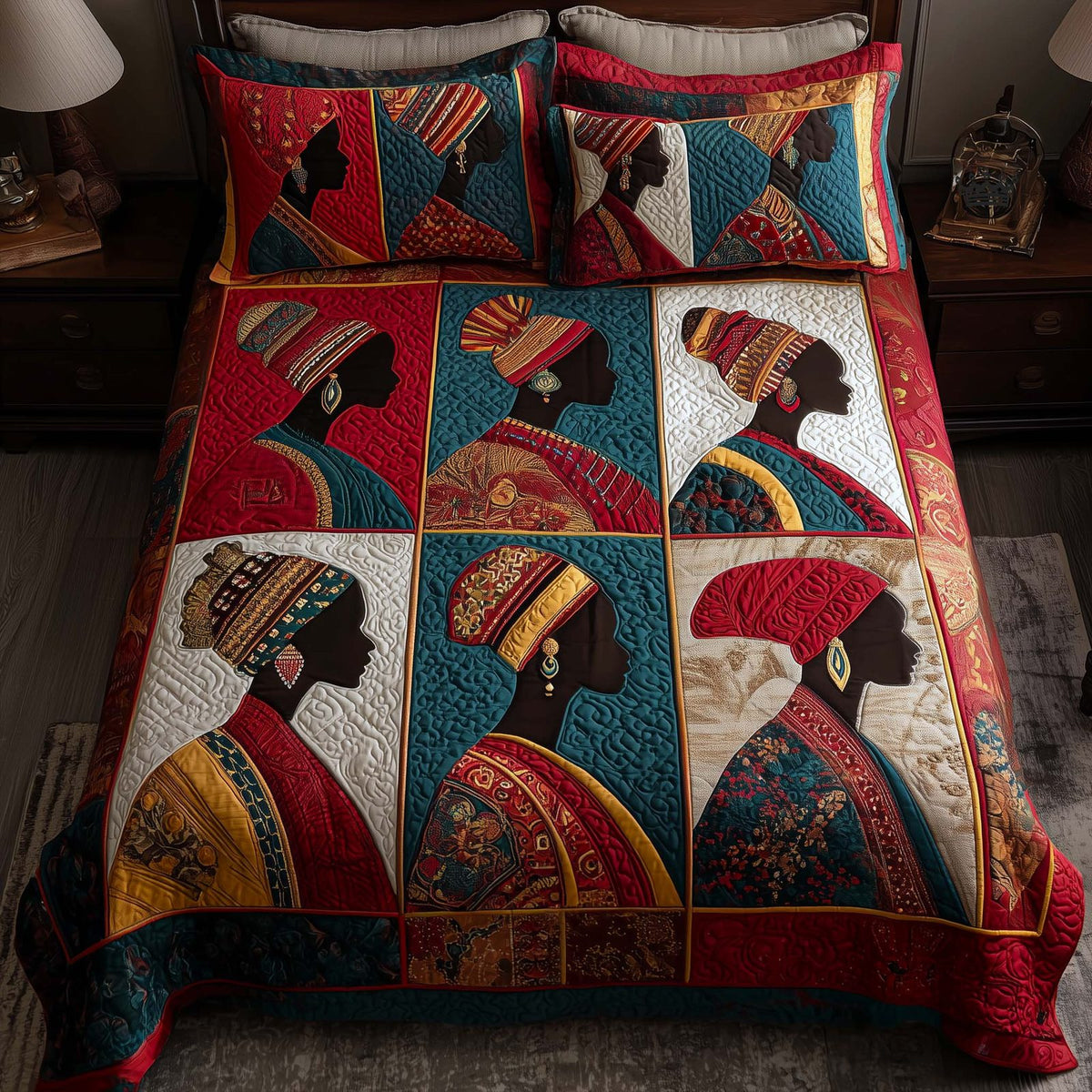 Golden Essence quilted 3-piece bedding set on a made bed with two matching pillow shams