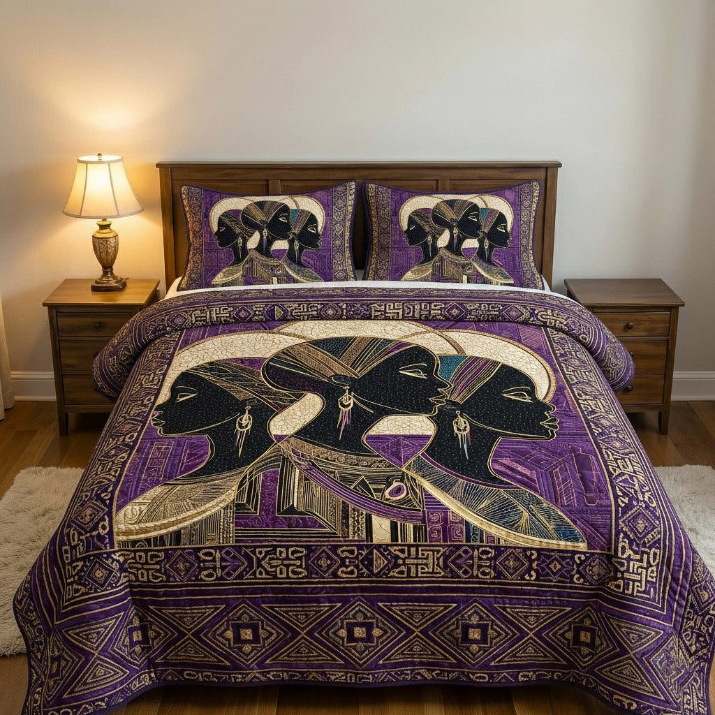 Golden Essence quilted 3-piece bedding set on a made bed with two matching pillow shams