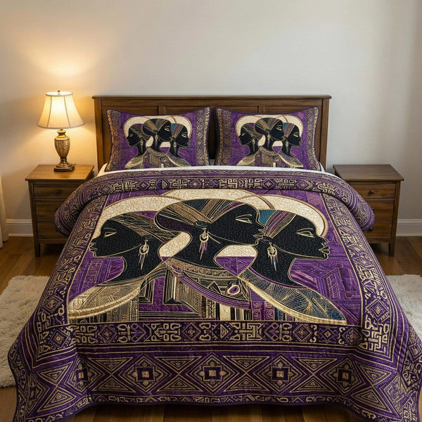 Golden Essence quilted 3-piece bedding set on a made bed with two matching pillow shams