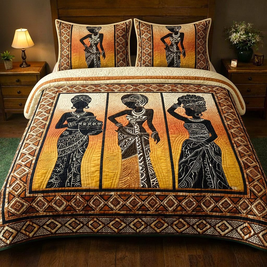 Golden Essence quilted 3-piece bedding set on a made bed with two matching pillow shams