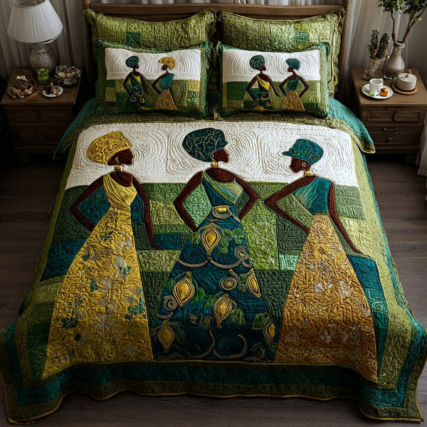 Golden Essence quilted 3-piece bedding set on a made bed with two matching pillow shams