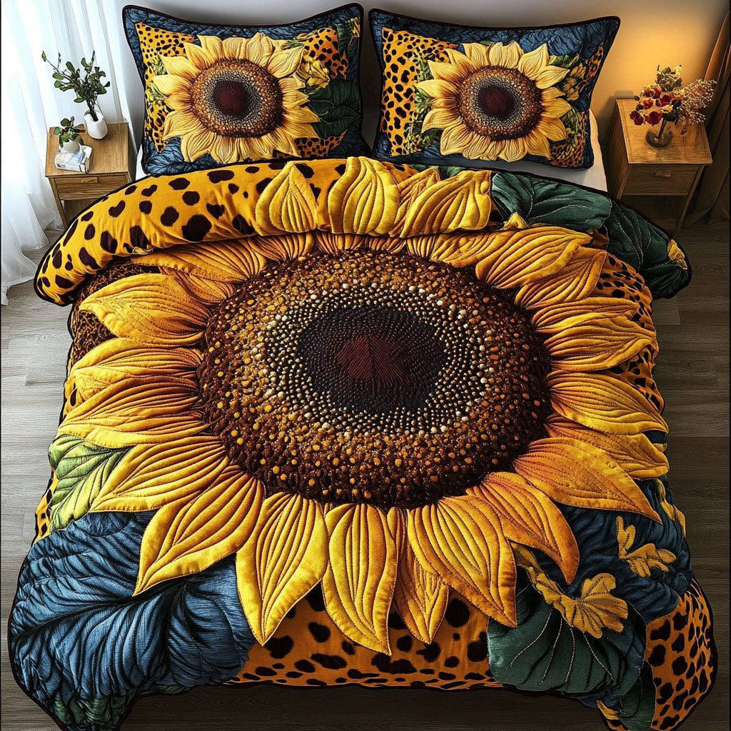 Golden Essence quilted 3-piece bedding set on a made bed with two matching pillow shams
