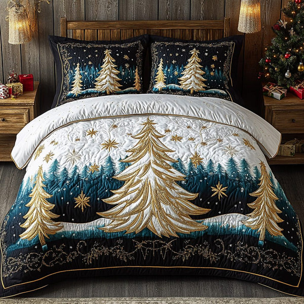 Golden Evergreen quilted 3-piece bedding set on a made bed with two matching pillow shams