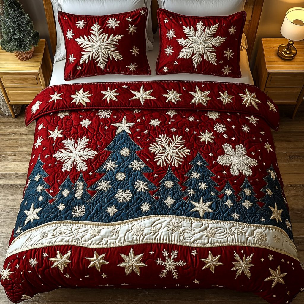 Golden Evergreen Sparkle quilted 3-piece bedding set on a made bed with two matching pillow shams