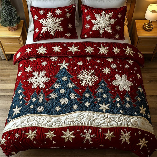 Golden Evergreen Sparkle quilted 3-piece bedding set on a made bed with two matching pillow shams