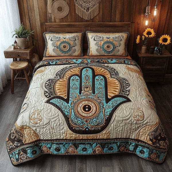 Golden Eye quilted 3-piece bedding set on a made bed with two matching pillow shams