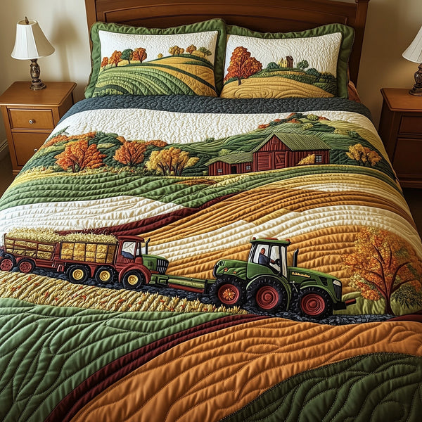 Golden Farm Fields quilted 3-piece bedding set on a made bed with two matching pillow shams