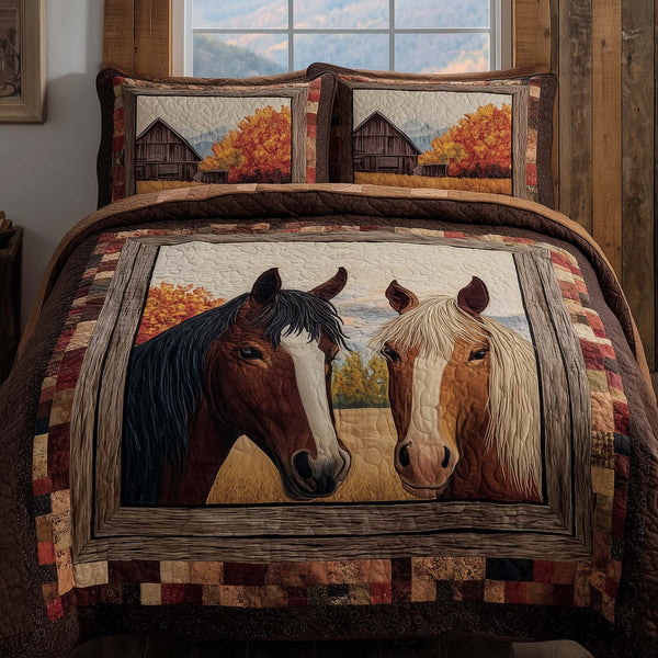Golden Farm Horses quilted 3-piece bedding set on a made bed in a rustic timber bedroom