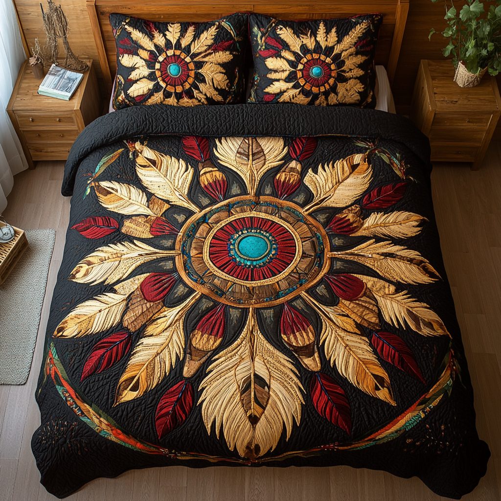 Golden Feather Mandala quilted 3-piece bedding set on a made bed with two matching pillow shams
