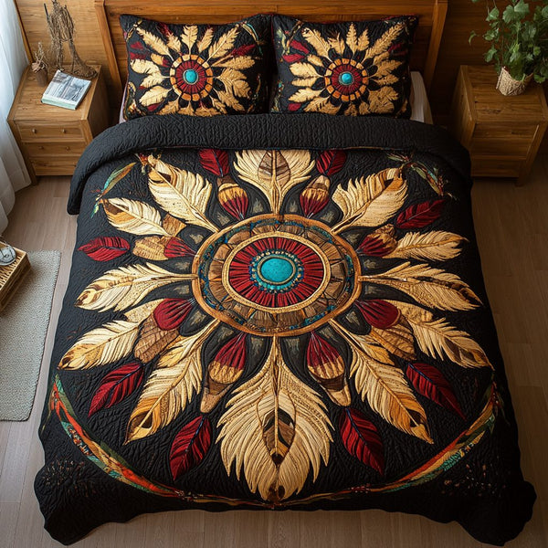 Golden Feather Mandala quilted 3-piece bedding set on a made bed with two matching pillow shams
