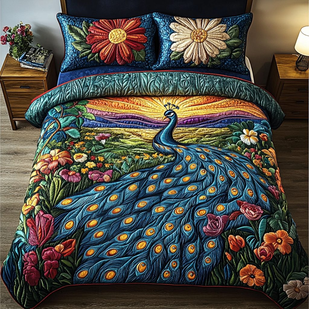 Golden Feathers quilted 3-piece bedding set on a made bed with two matching pillow shams