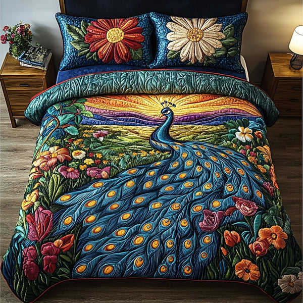 Golden Feathers quilted 3-piece bedding set on a made bed with two matching pillow shams