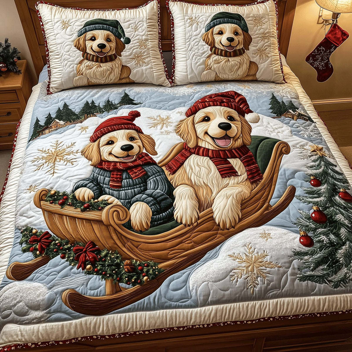 Golden Festive Fun quilted 3-piece bedding set on a made bed in a winter-styled bedroom