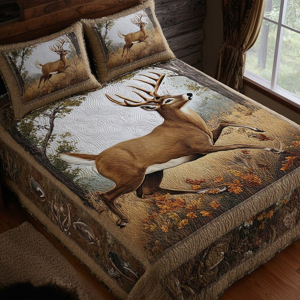 Golden Field Deer quilted 3-piece bedding set on a made bed with two matching pillow shams