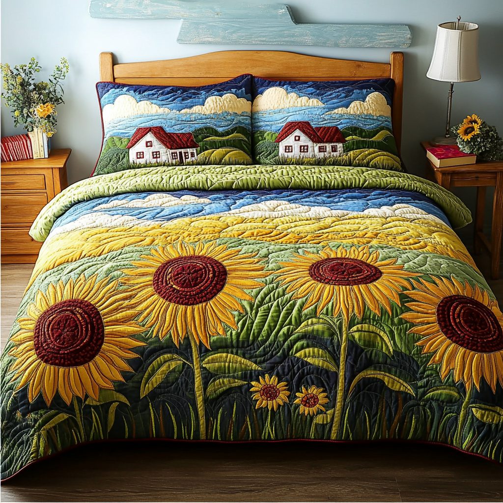 Golden Field quilted 3-piece bedding set on a made bed with two matching pillow shams