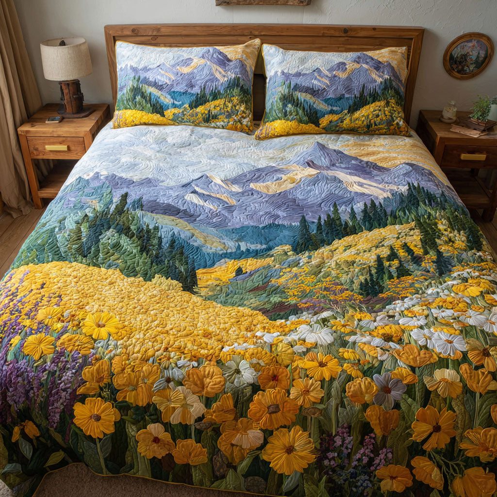 Golden Field quilted 3-piece bedding set on a made bed with two matching pillow shams