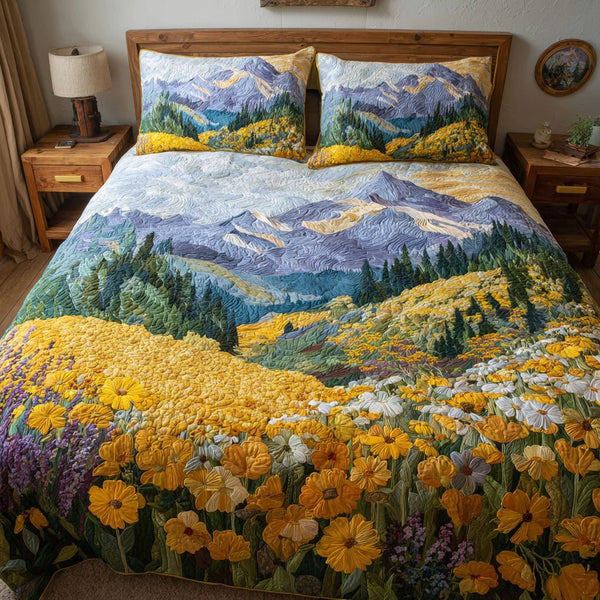 Golden Field quilted 3-piece bedding set on a made bed with two matching pillow shams