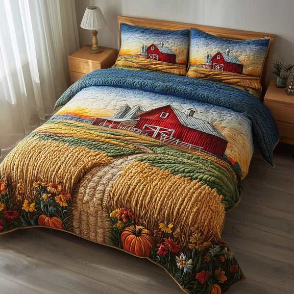Golden Fields quilted 3-piece bedding set on a made bed with two matching pillow shams
