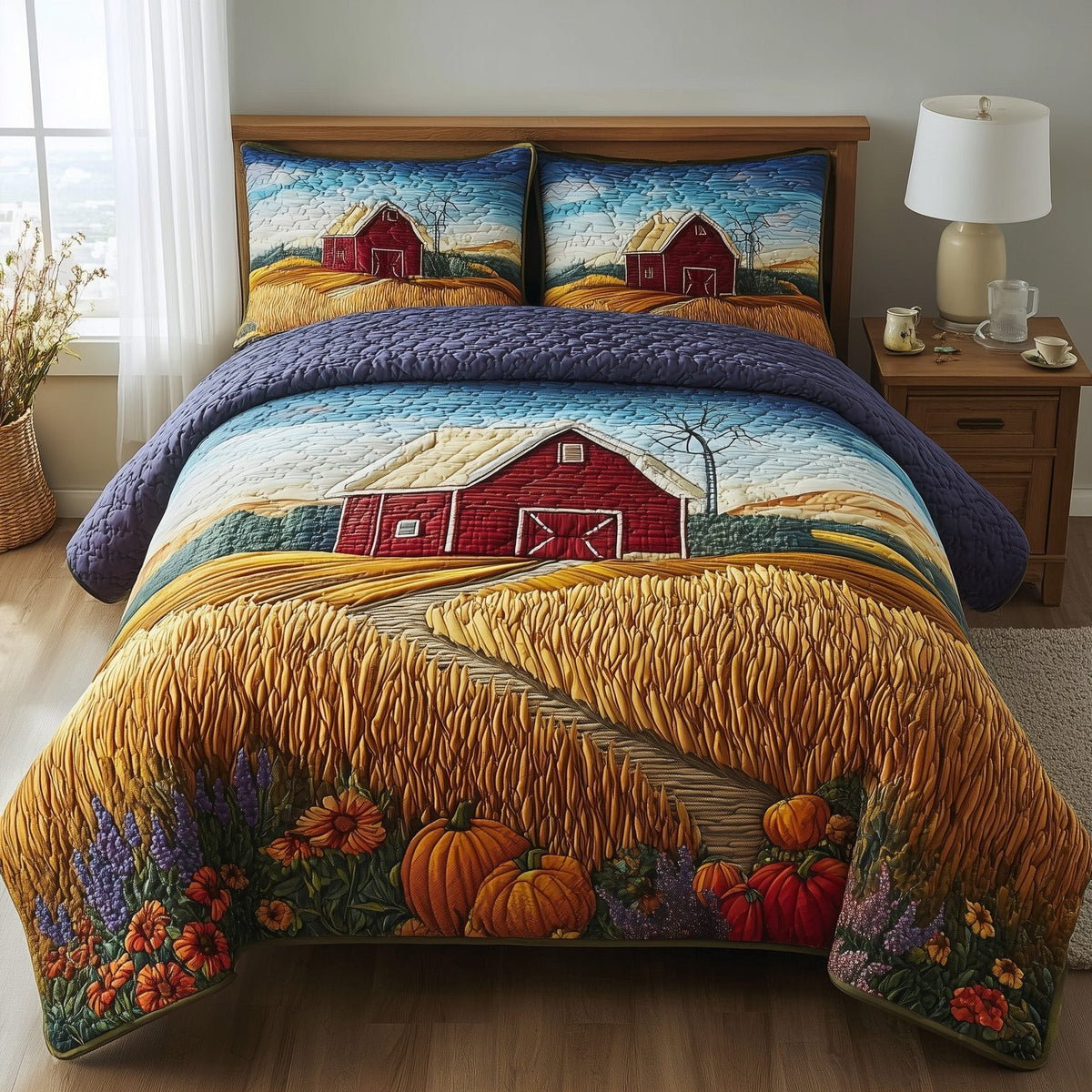 Golden Fields quilted 3-piece bedding set on a made bed with two matching pillow shams