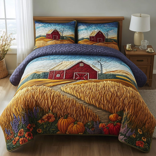 Golden Fields quilted 3-piece bedding set on a made bed with two matching pillow shams