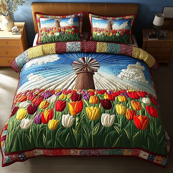 Golden Fields quilted 3-piece bedding set on a made bed with two matching pillow shams