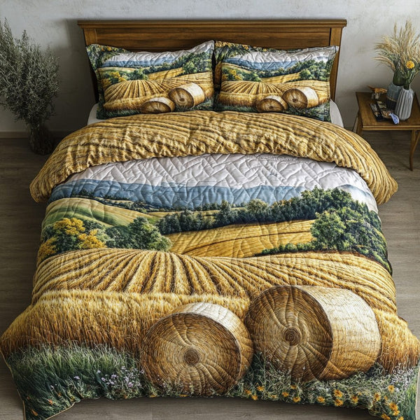 Golden Fields quilted 3-piece bedding set on a made bed with two matching pillow shams