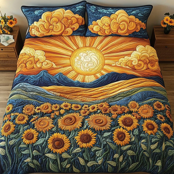 Golden Fields quilted 3-piece bedding set on a made bed with two matching pillow shams