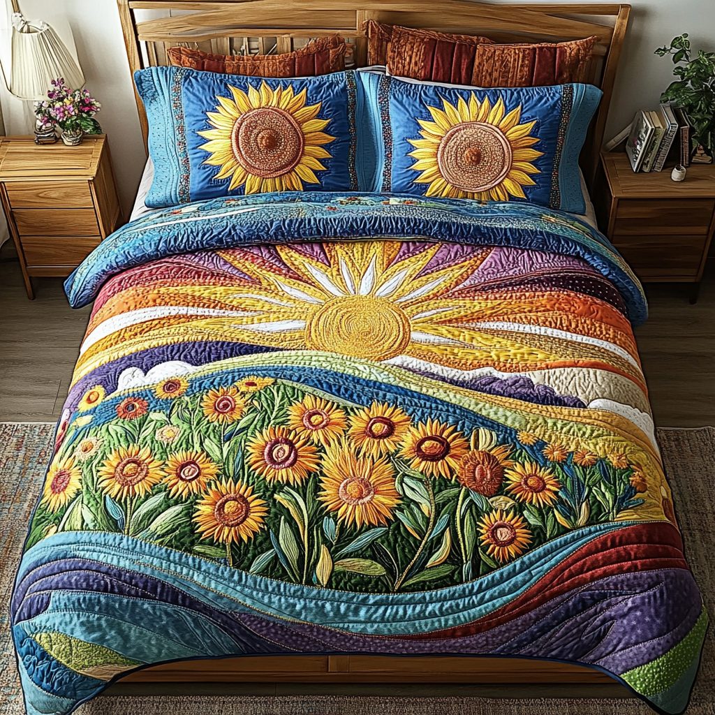 Golden Fields quilted 3-piece bedding set on a made bed with two matching pillow shams