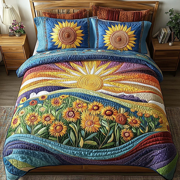 Golden Fields quilted 3-piece bedding set on a made bed with two matching pillow shams