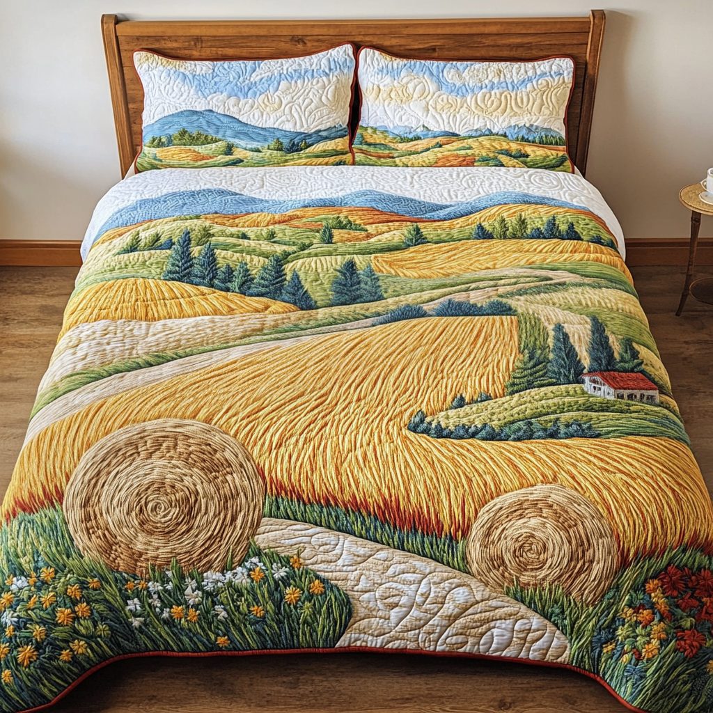 Golden Fields quilted 3-piece bedding set on a made bed with two matching pillow shams